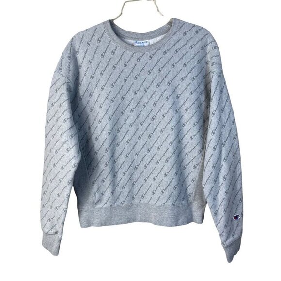 Vtg CHAMPION Reverse Weave Womens All Over Print Sweatshirt Gray Crew Neck Sz L - Picture 1 of 9